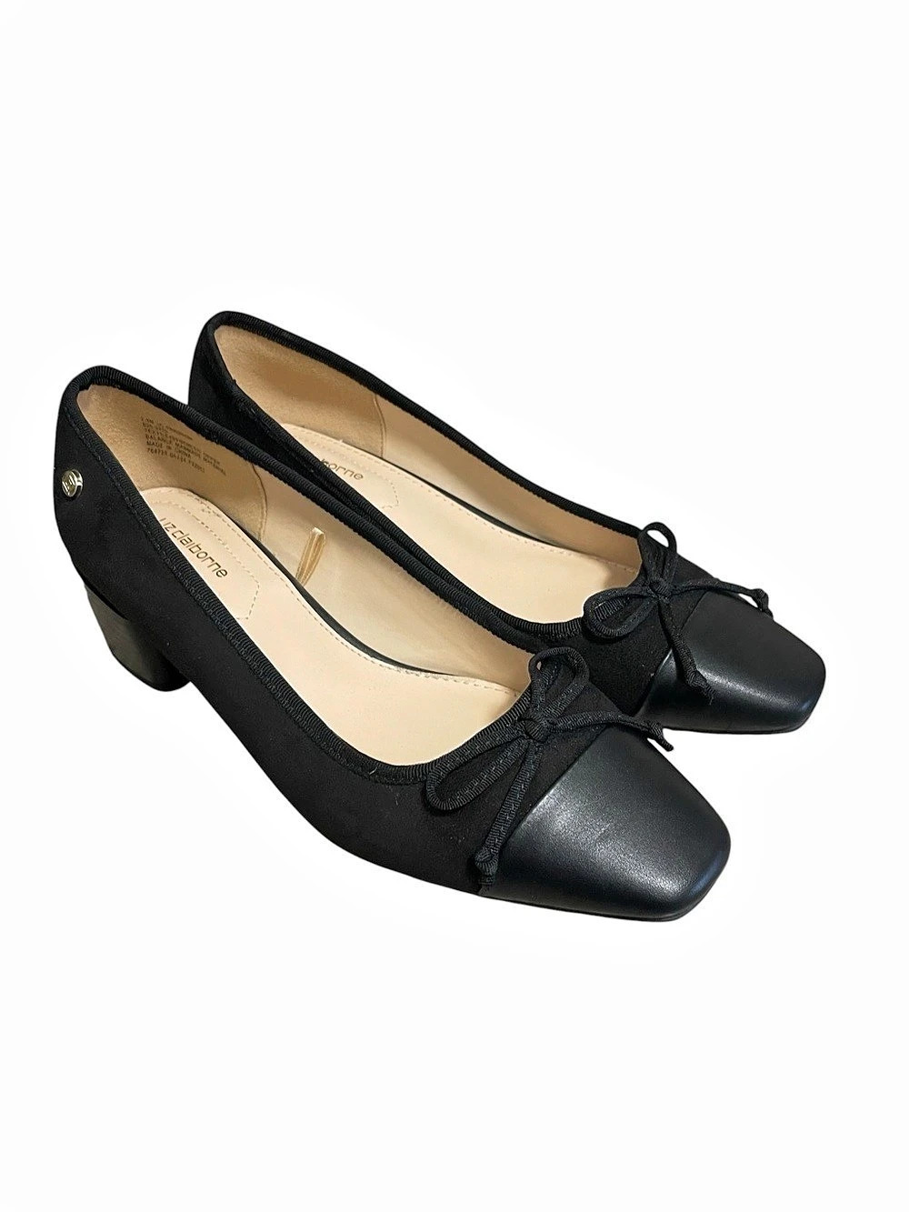 Liz Claiborne Fredson Black Block Heel Pumps Cap Toe Bow Women Size 7.5M Comfort